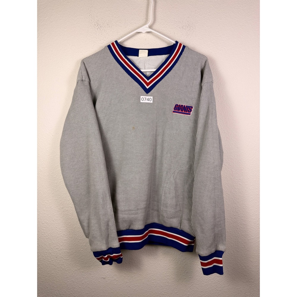 Vintage Russell Athletic NY Giants Waffle Knit V-Neck Sweatshirt Grey Mens L USA